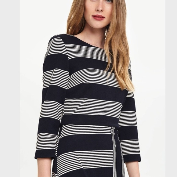Phase Eight Storm Stripe Dress 3/4 Sleeves Crew Neck In Navy/Ivory Size UK8/ US4 - Picture 4 of 7